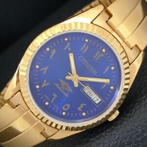 Vintage 1980 Citizen Automatic Mens Gold Watch W/daydate & Blue accents